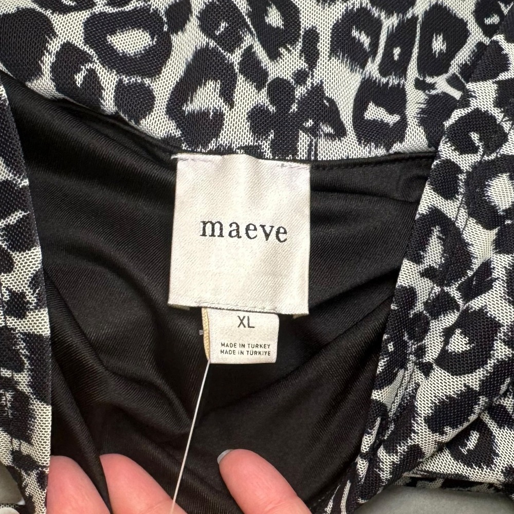 Maeve Leopard Print Ruched Mesh Off-The-Shoulder Top XL Black White Mob Wife - Picture 6 of 9